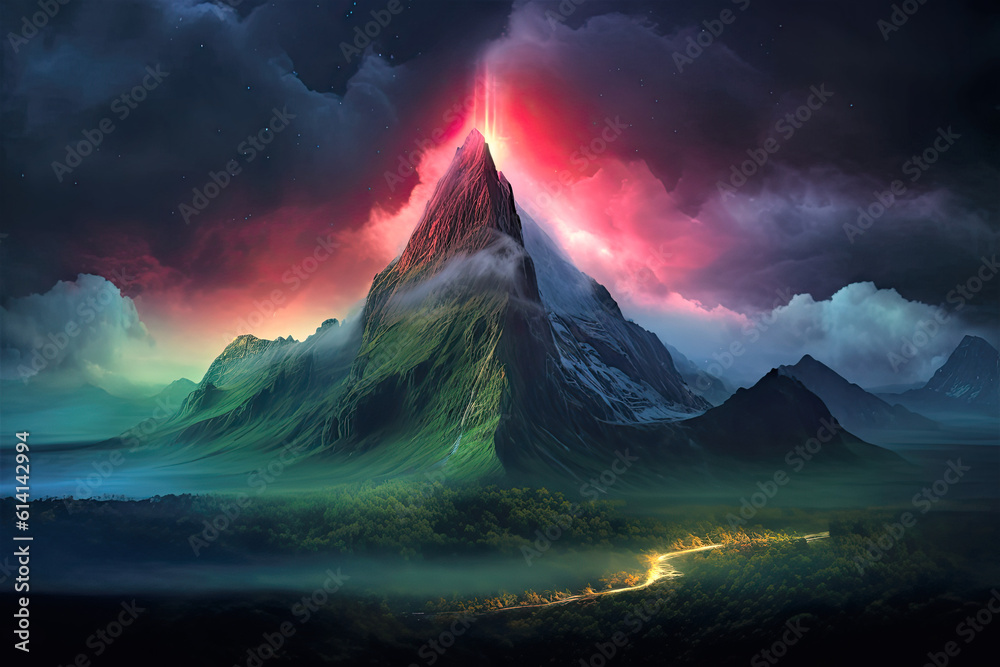 sunrise in the mountains with river of light. Generative AI image.
