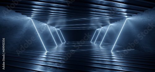 Sci Fi Futuristic Neon Laser Electric Cyber Glowing Bunker Blue Lights Stage Garage Hangar Hallway Corridor Tunnel Cement Concrete Grunge Basement Club 3D Rendering