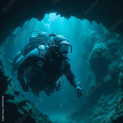 Scuba deep sea diver swimming in a deep ocean cavern . Underwater exploration. Into the abyss. generative by AI © Blue Nexus