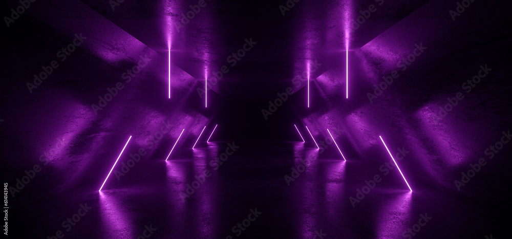 Sci Fi Futuristic Neon Laser Electric Cyber Glowing Bunker Purple Lights Stage Garage Hangar Hallway Corridor Tunnel Cement Concrete Grunge Basement Club 3D Rendering