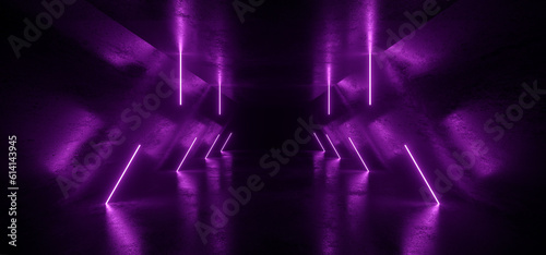 Fototapeta Naklejka Na Ścianę i Meble -  Sci Fi Futuristic Neon Laser Electric Cyber Glowing Bunker Purple Lights Stage Garage Hangar Hallway Corridor Tunnel Cement Concrete Grunge Basement Club 3D Rendering
