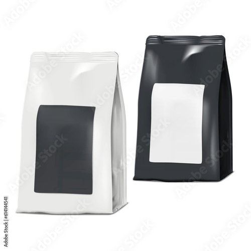 Black and white plastic bags with blank label stickers vector mock-up. Gusseted package realistic mockup. Template for design