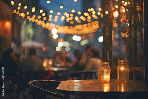 Table with candles of outdoor restaurant at night. 