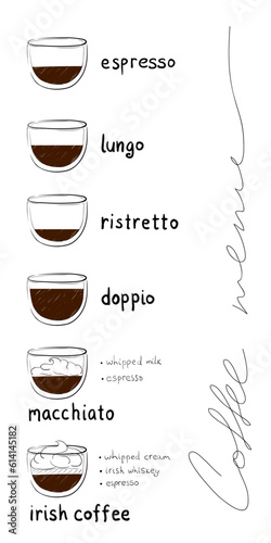 Set of hand-drawn coffee in glass cups. Sketch coffee menu on a white background. Isolated.