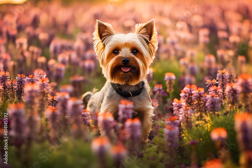 Flower Power: Yorkshire Terrier Enjoys a Vibrant Field of Blooms in Stunning Imagery © aprilian