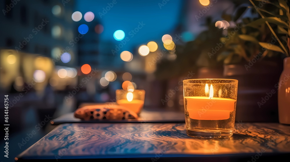summer street city cafe cup of coffee candle blurred light Tallinn old town at night,generated ai