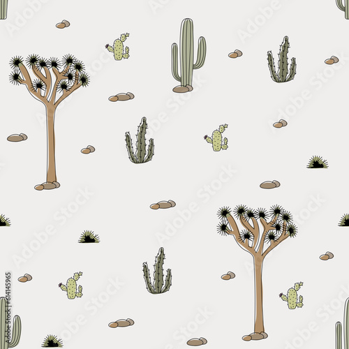 seamless pattern with tree, stones and different types of desert cacti