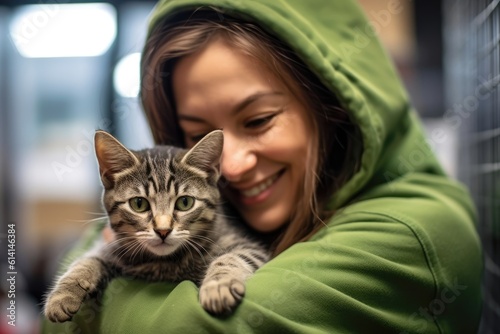A close - up shot of a woman with a gentle smile, cradling a newly adopted cat in her arms at an animal shelter. Generative AI photo