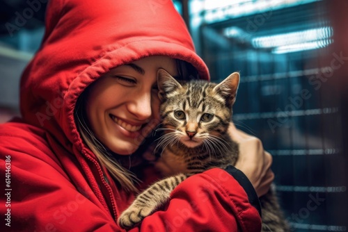 A close - up shot of a woman with a gentle smile, cradling a newly adopted cat in her arms at an animal shelter. Generative AI © Mustafa