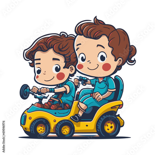 cute vector illustration mascot design of two children with a vehicle