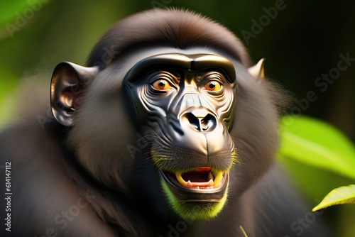 Celebes crested macaque with open mouth. Close up portrait on the green natural background. Crested black macaque, Sulawesi crested macaque, or black ape. Natural habitat. Sulawesi Island. Indonesia © Abood