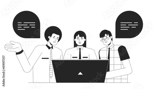 Helping colleague bw concept vector spot illustration. Coworkers working together 2D cartoon flat line monochromatic characters for web UI design. Collaboration editable isolated outline hero image