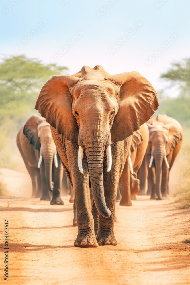 Fototapeta premium Herd of African Elephants walking towards camera