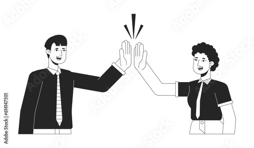 Corporate team building activity bw concept vector spot illustration. Office people 2D cartoon flat line monochromatic characters for web UI design. Coworkers editable isolated outline hero image
