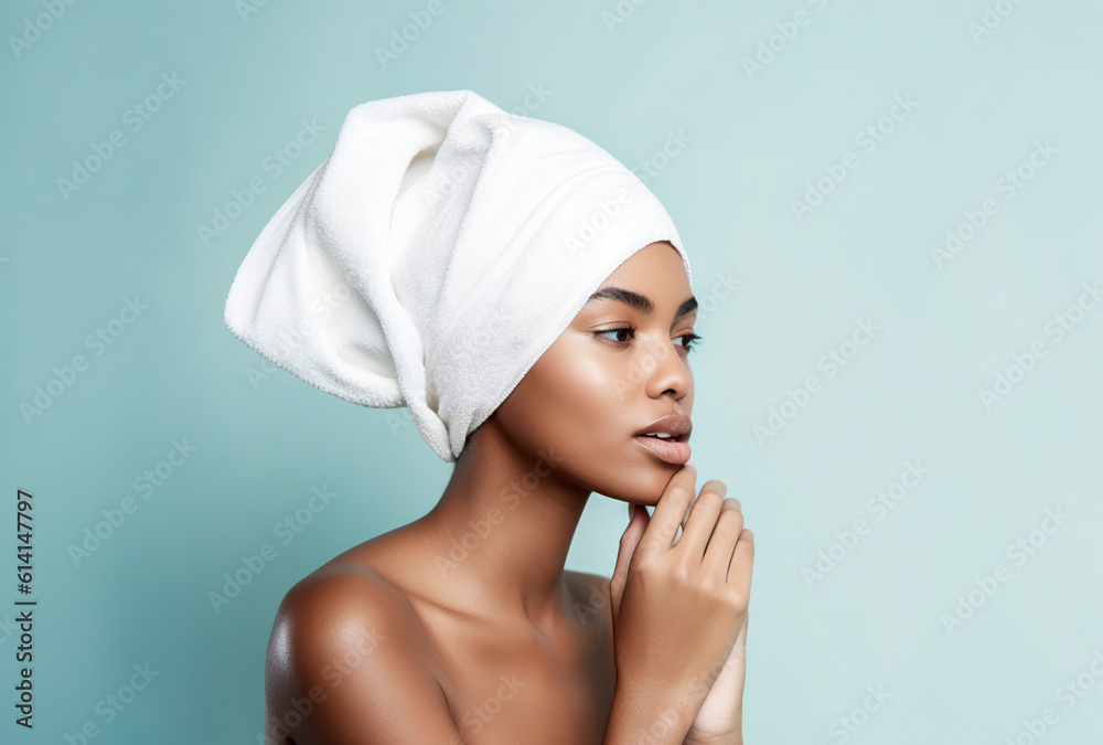 Radiant Beauty: A Stunning Black Woman with Towel-Wrapped Hair Exuding Natural Grace, ai generative Radiant Beauty: A Stunning Black Woman with Towel-Wrapped Hair Exuding Natural Grace, ai generative