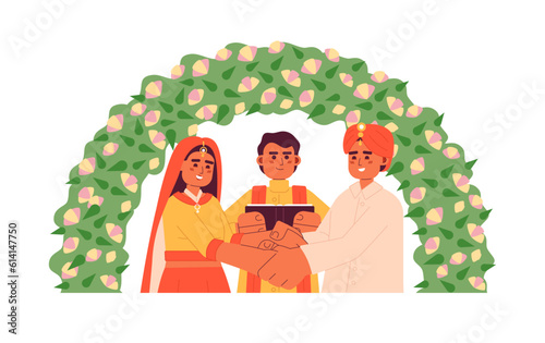 Indian prayer officiating bride groom hindu wedding semi flat colorful vector characters. Ceremonial event. Editable half body people on white. Simple cartoon spot illustration for web graphic design