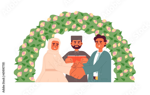 Imam officiating muslim bride groom wedding semi flat colorful vector characters. Nikah ceremony. Editable half body people on white. Simple cartoon spot illustration for web graphic design photo