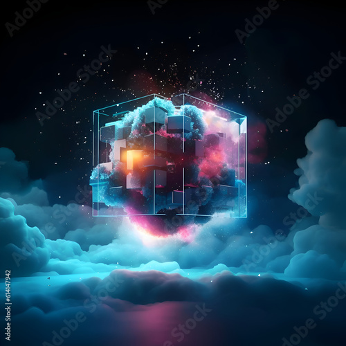 3d illustration of abstract cube made of cubes with smoke on dark background