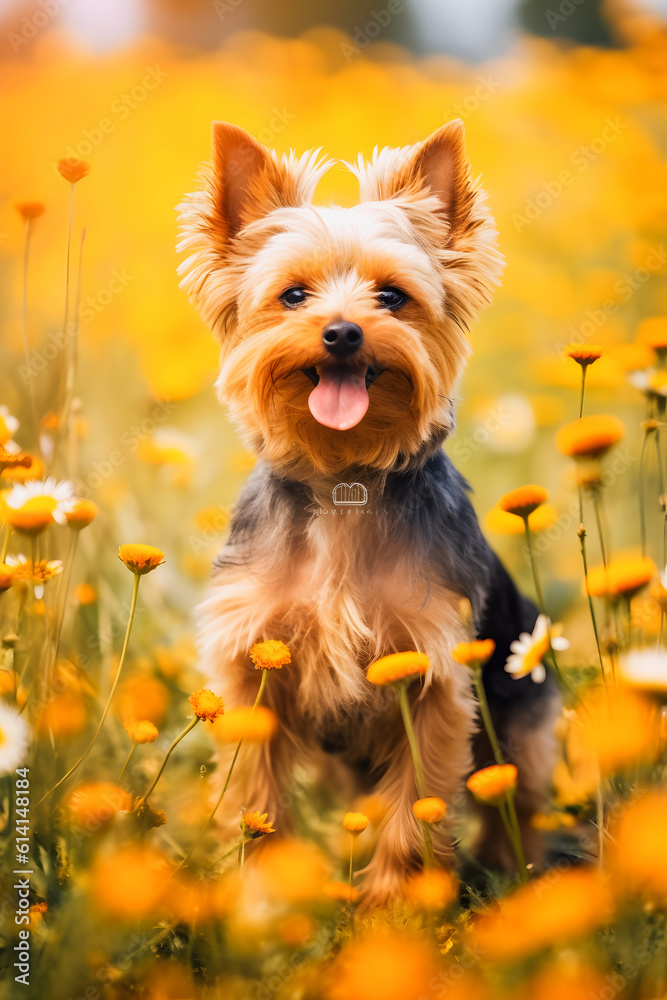 Flower Filled Landscape: Adorable Yorkshire Terrier Enjoys Nature's Beauty