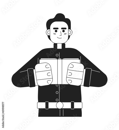 Catholic pastor holding bible monochromatic flat vector character. Young priest. Wedding minister. Editable thin line full body person on white. Simple bw cartoon spot image for web graphic design