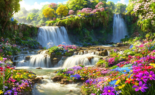 Paradise land with beautiful  gardens  waterfalls and flowers  magical idyllic background with many flowers in eden. Generative Ai.