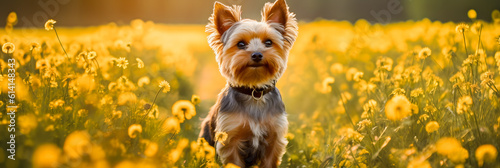 Flower Filled Landscape: Adorable Yorkshire Terrier Enjoys Nature's Beauty © aprilian