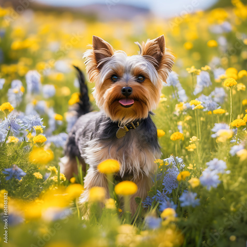 Flower Filled Landscape: Adorable Yorkshire Terrier Enjoys Nature's Beauty © aprilian