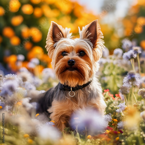 Yorkshire Terrier in Flower Field  Captivating Image of a Cute Canine Surrounded by Blooms