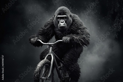 A gorilla riding a bike. Generative AI.