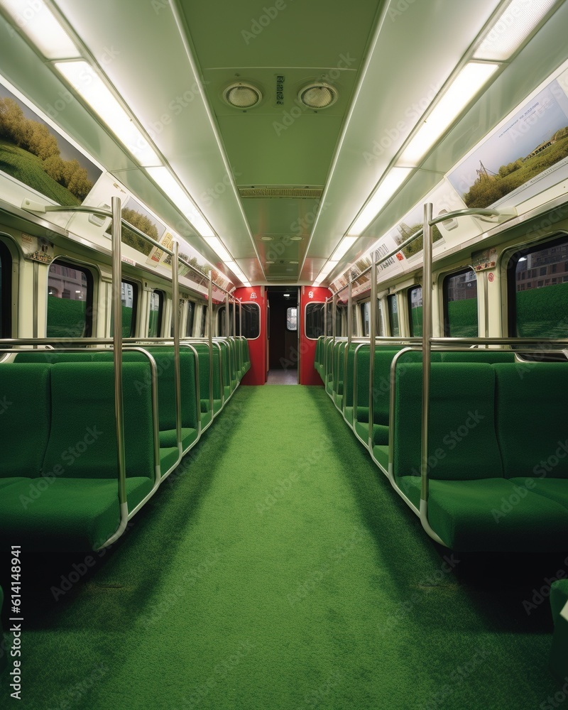 Subway car with a green turf soccer field on the inside. Generative AI.