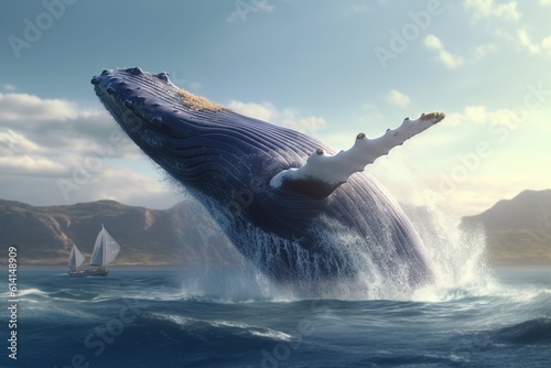 A whale rushes out of the ocean. Generative AI.