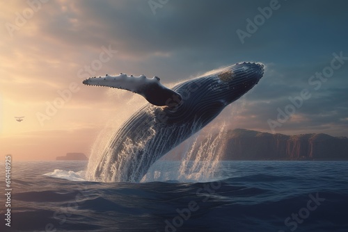 A whale rushes out of the ocean. Generative AI. © Bargais