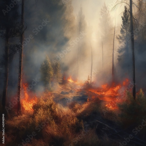 Wildfire burns ground in forest. generative ai