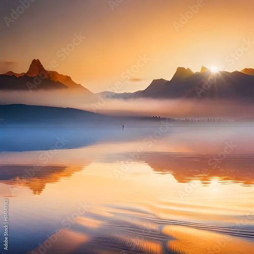 Beautiful sunset mountain and water surface