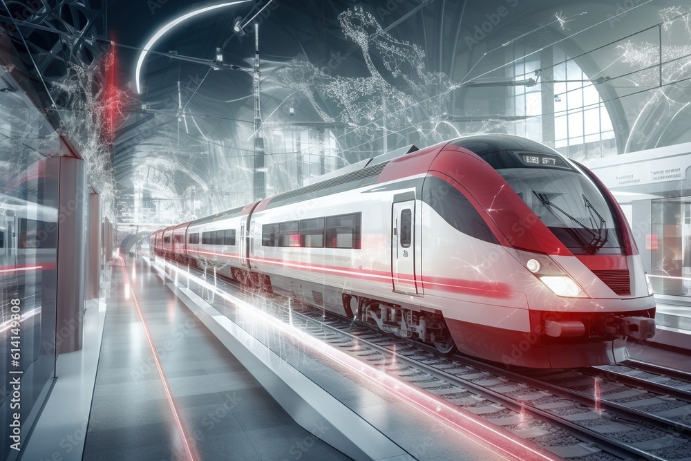Train red with white and map. Generative AI. Train red with white and map. Generative AI.