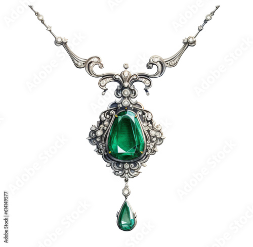 Emerald jewelry necklace with diamonds, watercolor illustration isolated on white or transparent background. Generative AI