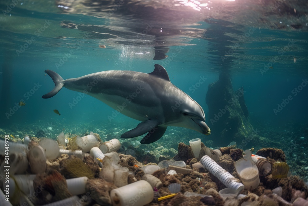Plastic bottles and garbage underwater with dolphin. Generative AI.