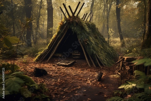Bushcraft wickiup shelter in the forest. Generative AI.