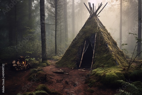 Bushcraft wickiup shelter in the forest. Generative AI. photo