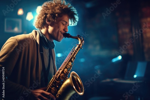 A close - up shot of a young man passionately playing a saxophone, in a dimly lit jazz club. Generative AI