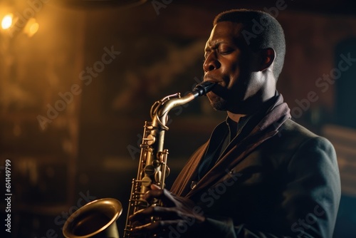 A close - up shot of a young man passionately playing a saxophone, in a dimly lit jazz club. Generative AI