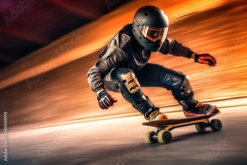 Close-up shot of young man in protective gear skateboarding at a skate park. Generative AI