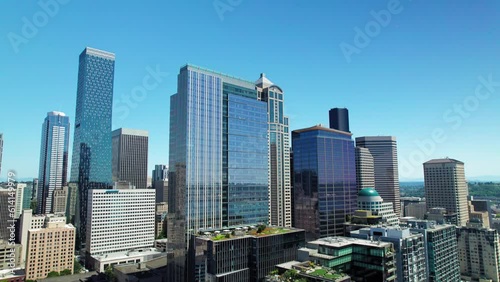 Seattle Skyscraper Buildings Aerial with Blue Sky Background