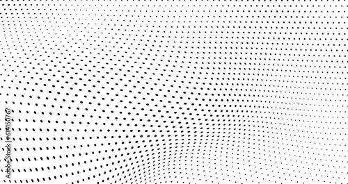 The halftone texture is chaotic monochrome. Abstract black and white waves background of dots. Backdrop for the design of websites, business cards, posters