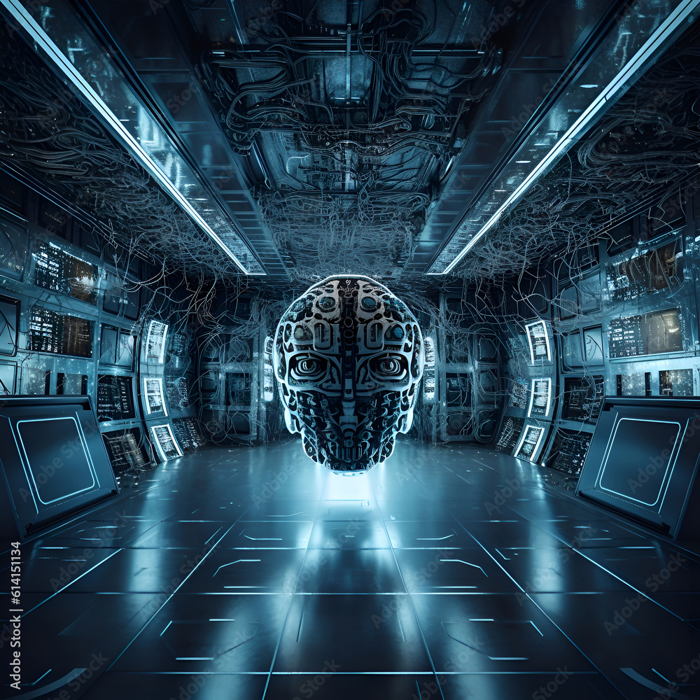 Dark futuristic spaceship interior with glowing human brain. 3D ...