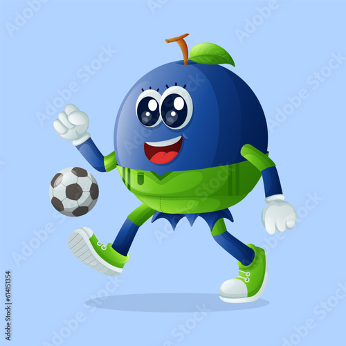 Cute blueberry character playing soccer