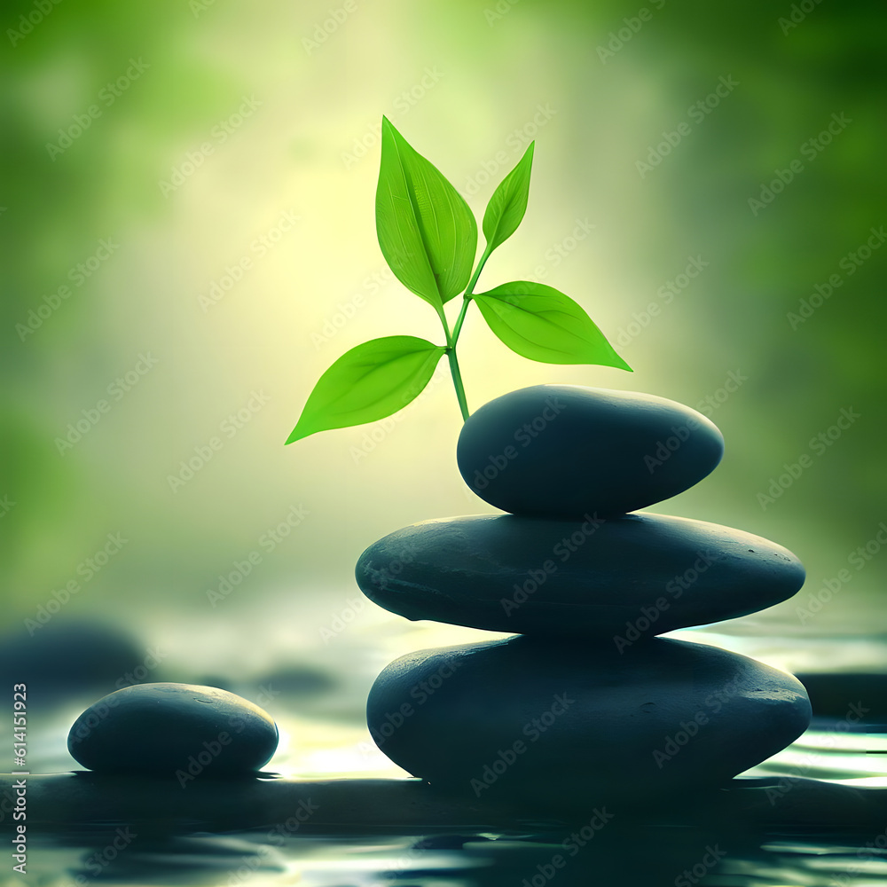 Dark zen scene, balanced stones, leaves, soft and healthy mood Dark zen scene, balanced stones, leaves, soft and healthy mood