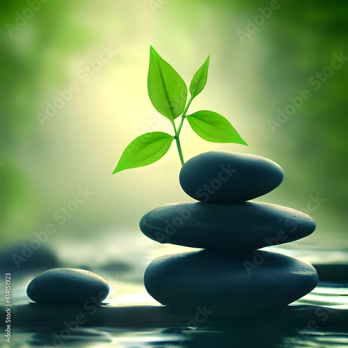 Dark zen scene, balanced stones, leaves, soft and healthy mood