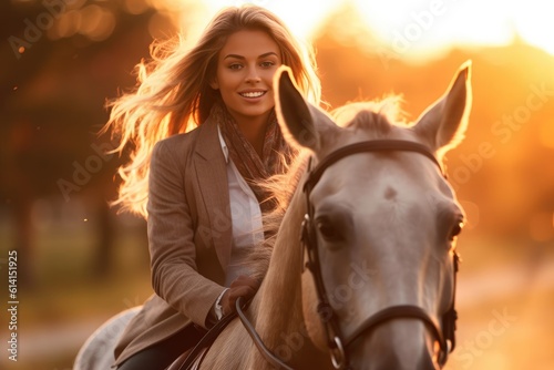 A close - up shot of a young woman horse riding in the enchanting golden hour of sunset. Generative AI