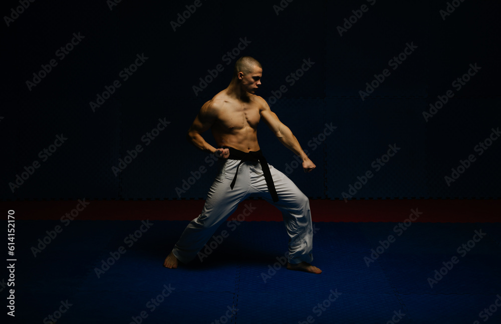 Young man doing the Gedan Barai at the karate studio